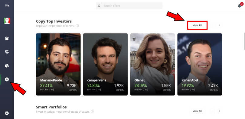 screenshot of the etoro discover section
