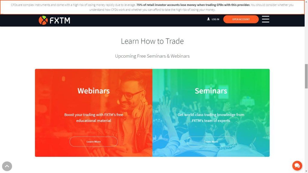 fxtm forex training services webpage