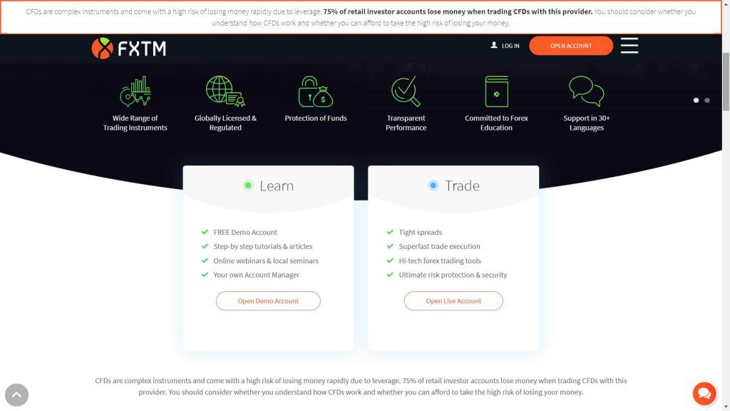 fxtm trading features webpage
