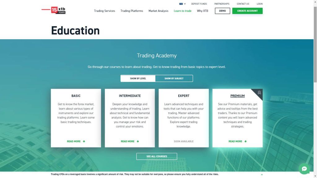 xtb education section on the xtb website