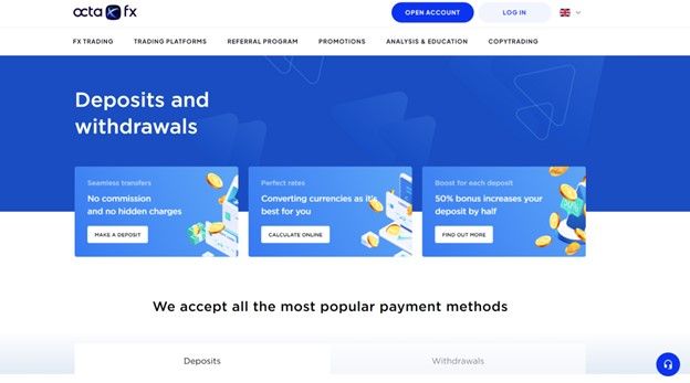 Deposit and withdrawal methods available at OctaFX