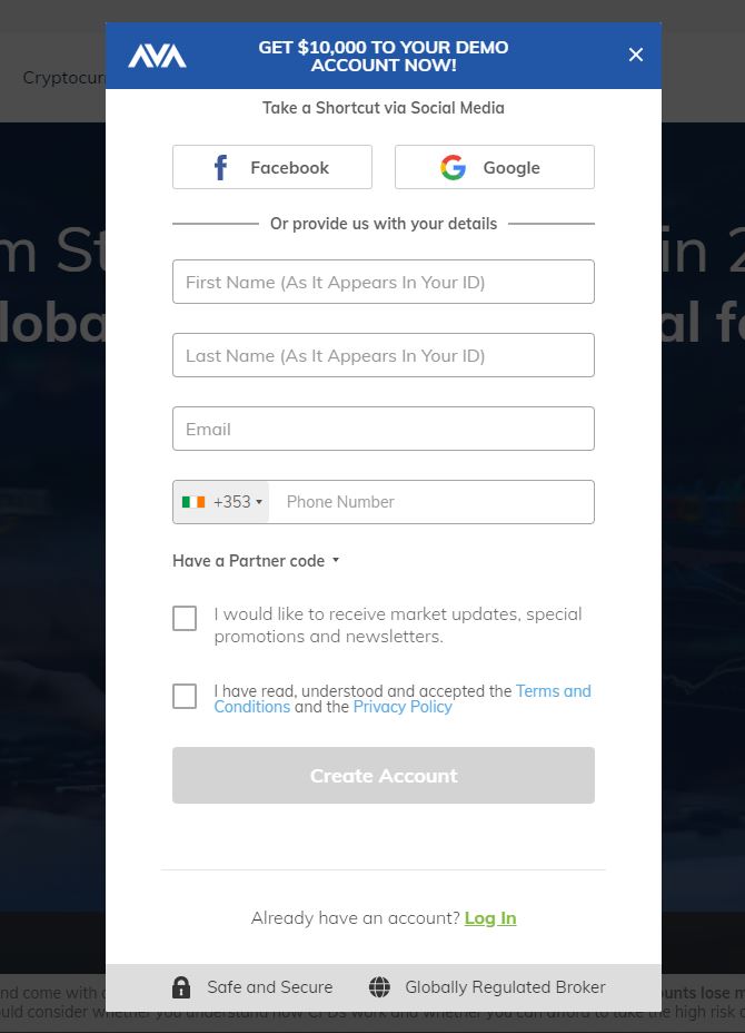 avatrade registration form for the demo account