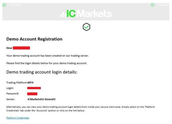 IC Markets verification e-mail with login details