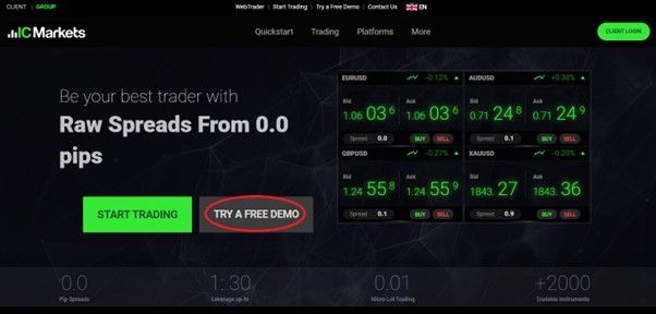 Open a demo account from the IC Markets homepage