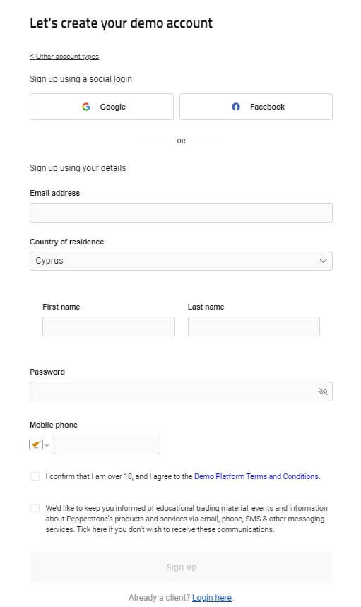 Fill in the register form to open your Pepperstone demo account