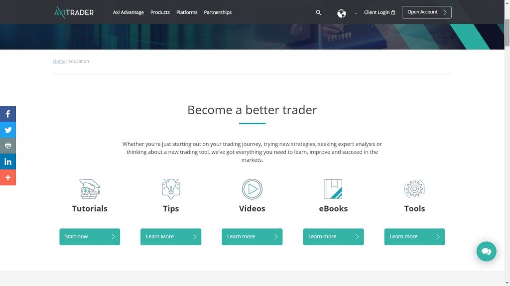 axitrader education section webpage