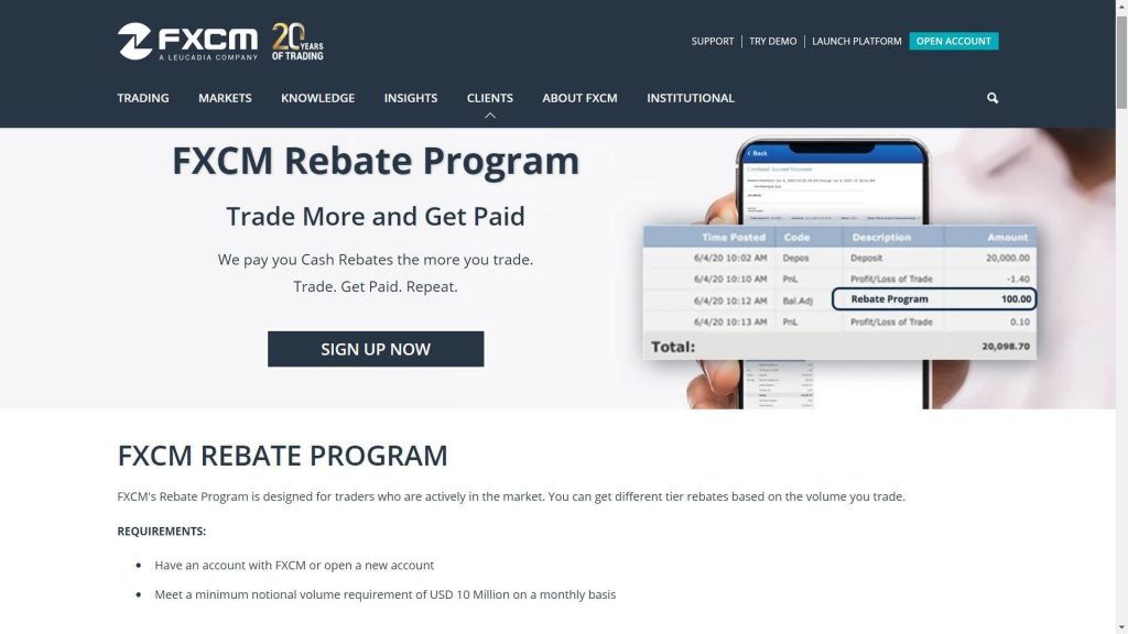fxcm rebate program features webpage