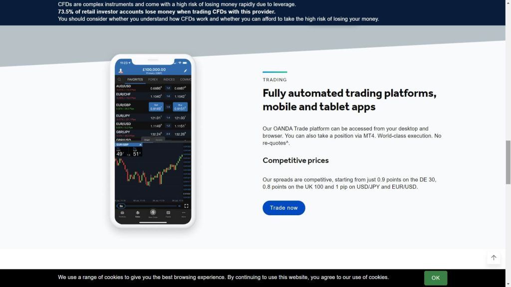 Oanda mobile trading platform webpage