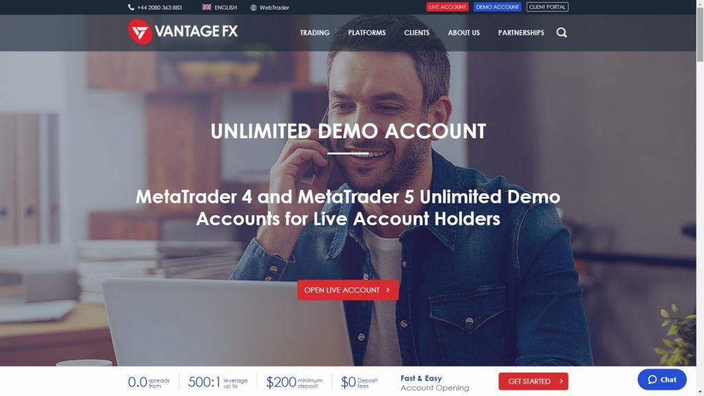 vantage demo account webpage
