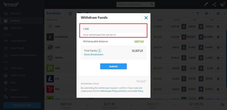 Step 3 of withdrawal with etoro: enter the amount you wish to withdraw