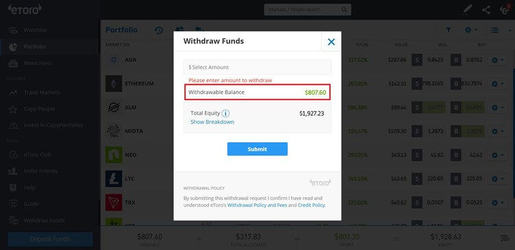 Step 2 of withdrawal with etoro: check your balance