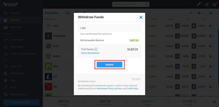 Step 4 of withdrawal with etoro: confirm your transaction