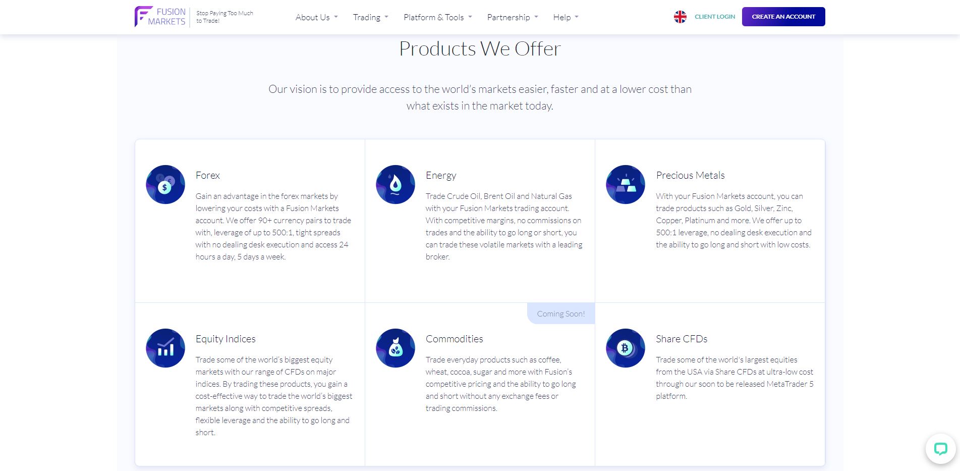 fusion markets products webpage