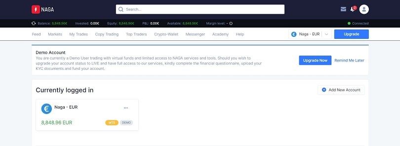 naga demo account initial page