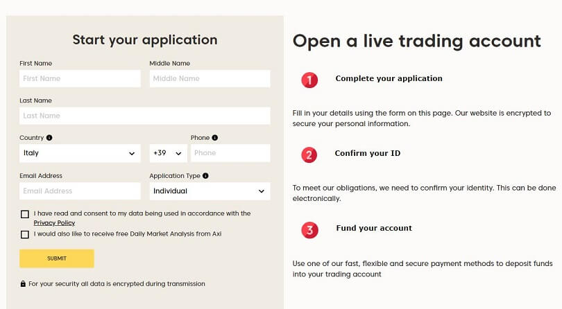 axi registration form page