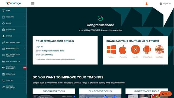 Manage your Vantage demo account from the dashboard