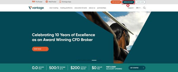 Open your Vantage demo account from the homepage