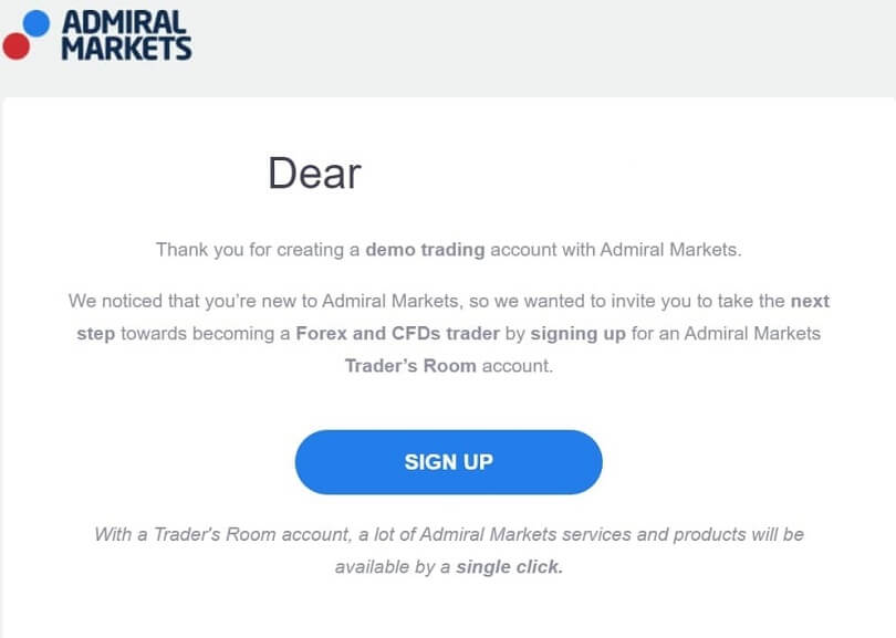 The confirmation mail to activate the Admiral markets demo account