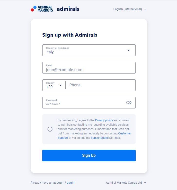 admirals demo registration page