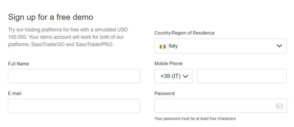 Fill in the Saxo registration form for a demo account