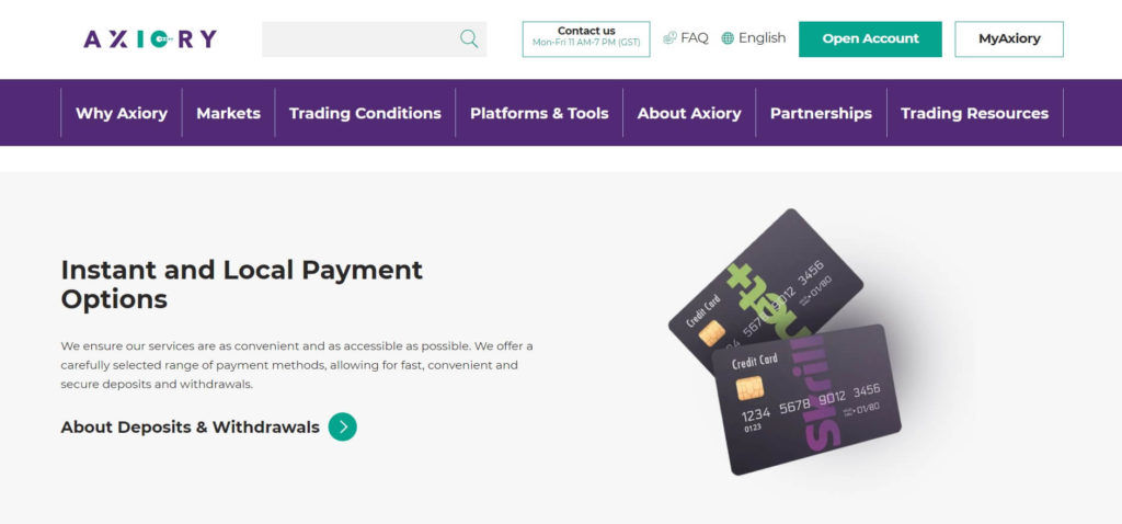Axiory accepts different local payment options