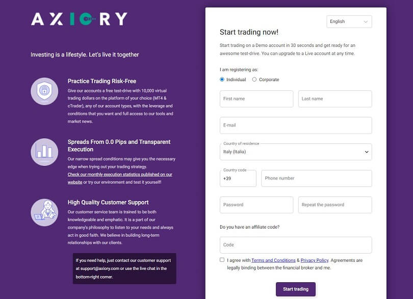 axiory demo registration form