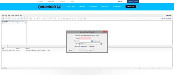 The screen of the FP Markets demo webtrader