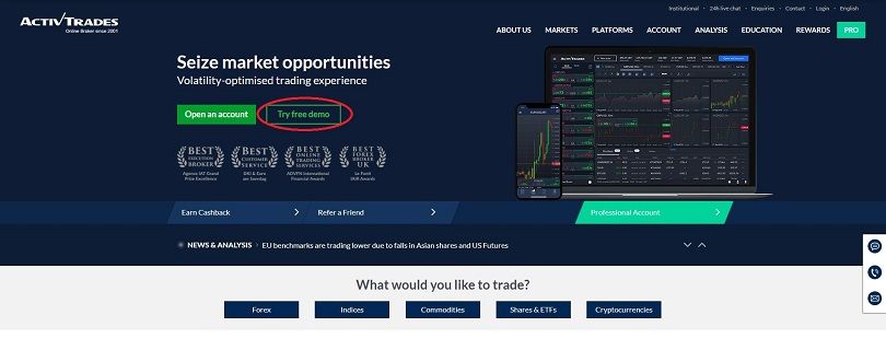 activtrades try free demo button page