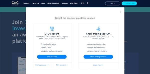 Select the CMC Markets account type you wish