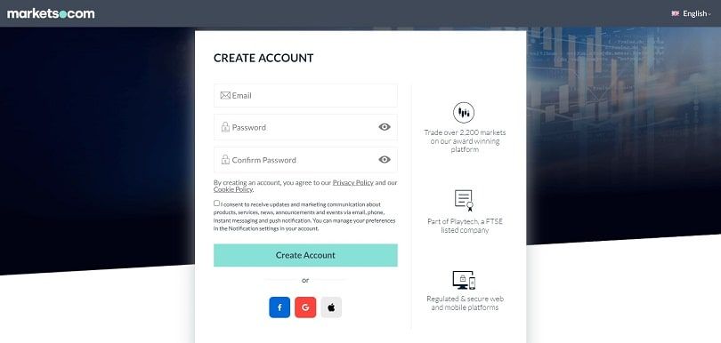 the demo registration form of markets.com