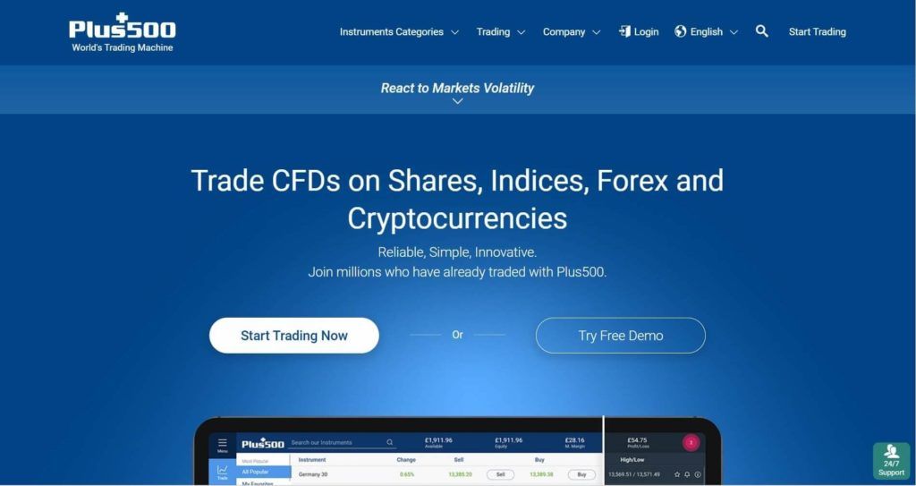 plus500 homepage screenshot