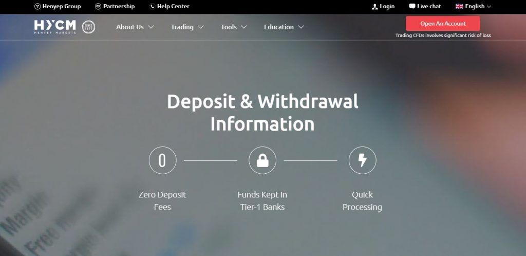 Deposit and withdrawal information with HYCM