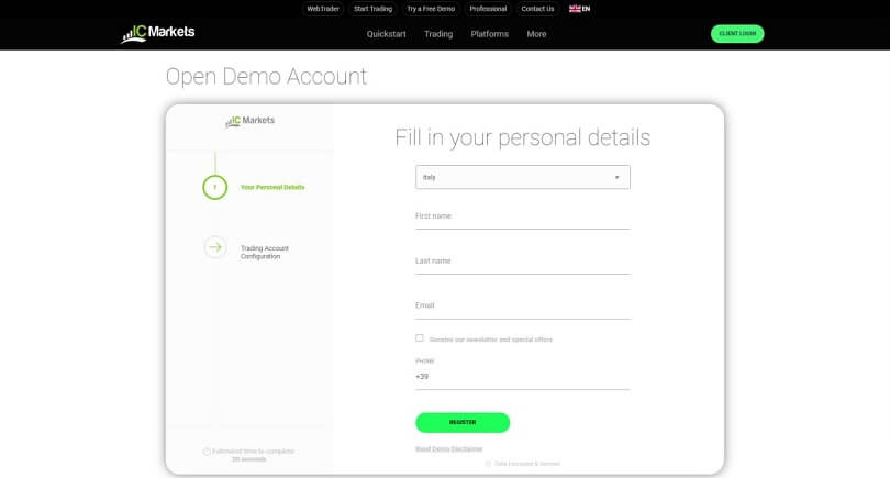The IC Markets' form to open a demo account