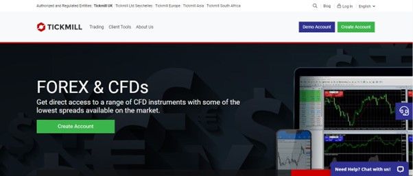 The Tickmill homepage for the create demo button