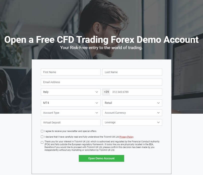 The registration form for a tickMill demo account
