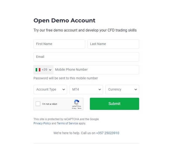 The registration form at go markets