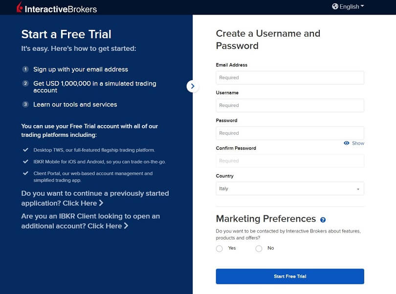 Interactive Brokers demo account registration form