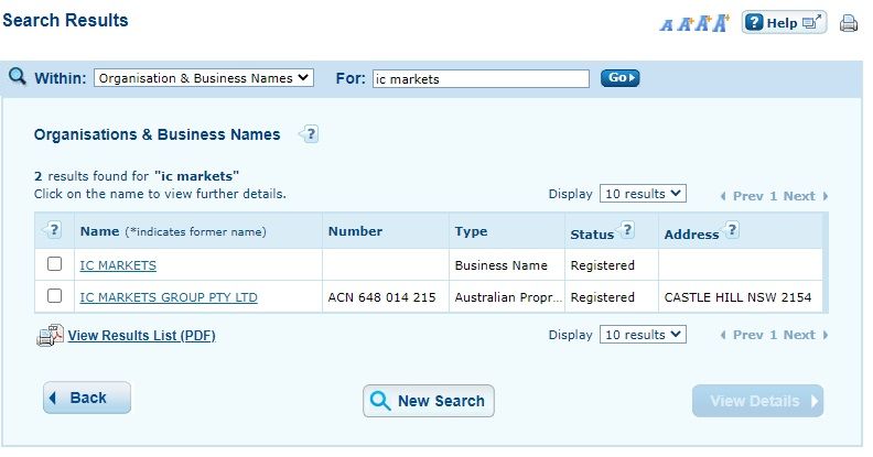 search section for ic markets on the asic registers website