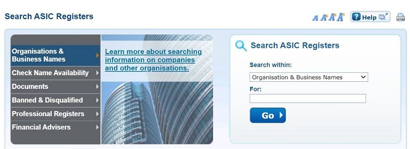 search section on the asic registers website