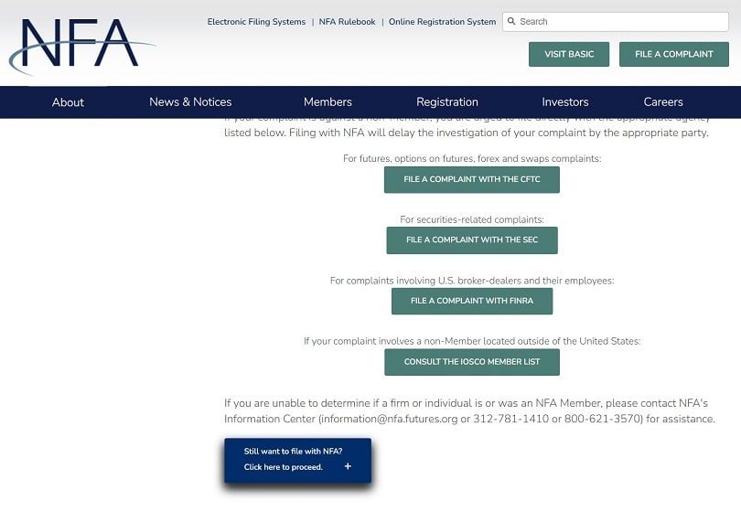 complaint options on the nfa website