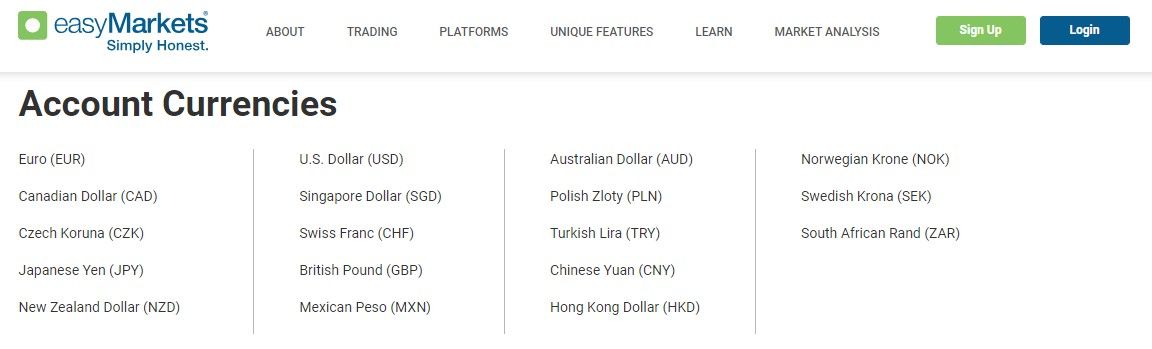 The easyMarkets available account base currencies