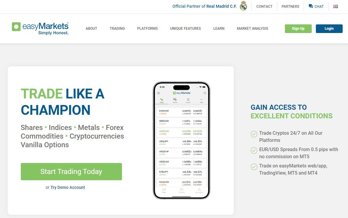 The homepage of the easyMarkets website