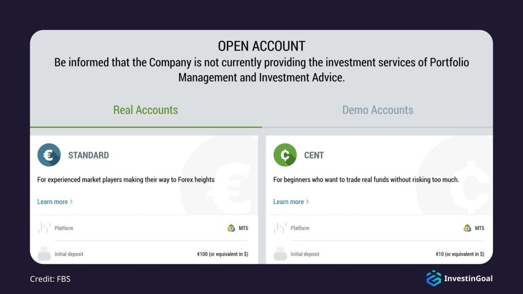 General View of the Account Types on FBS