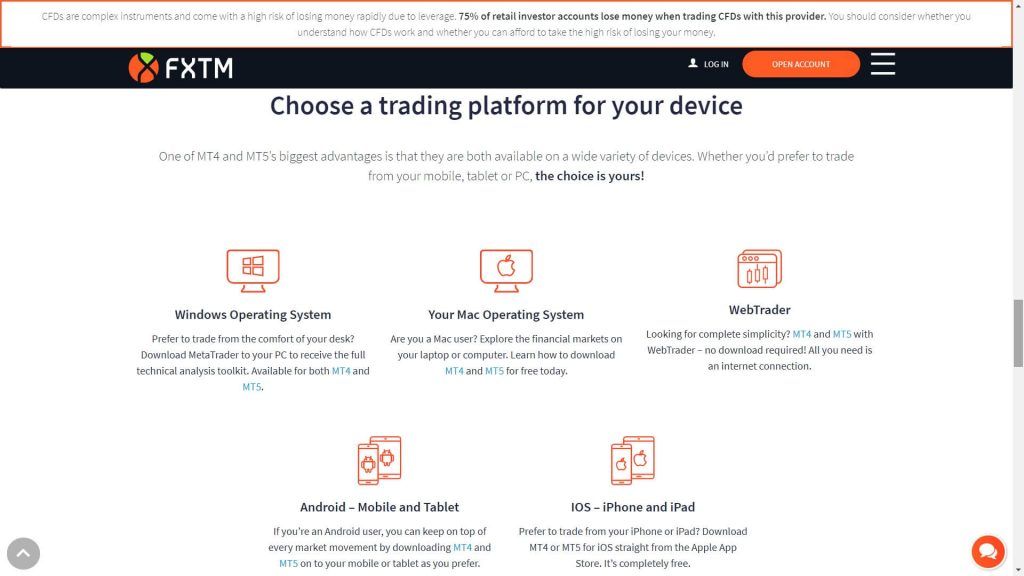 fxtm trading platforms available displayed on the fxtm website