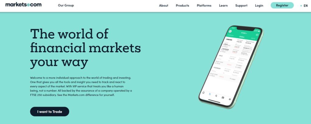 The homepage of Markets.com website