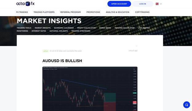 The OctaFX market insights section