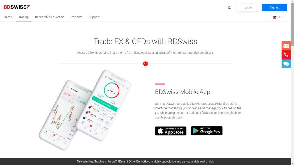 bdswiss mobile app webpage
