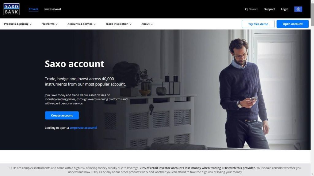 Saxo Bank standard account webpage