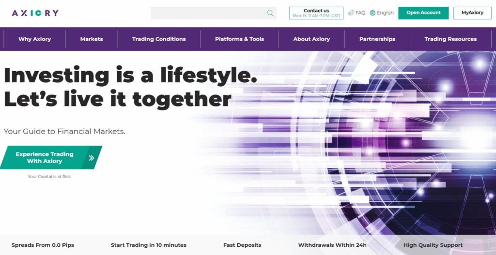The homepage of Axiory website