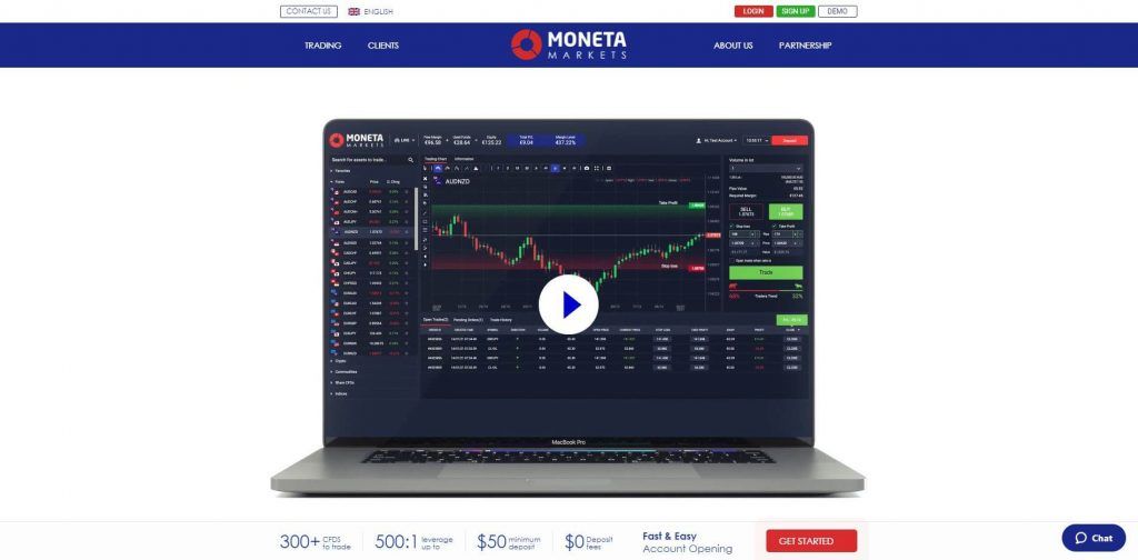 moneta markets homepage of the website